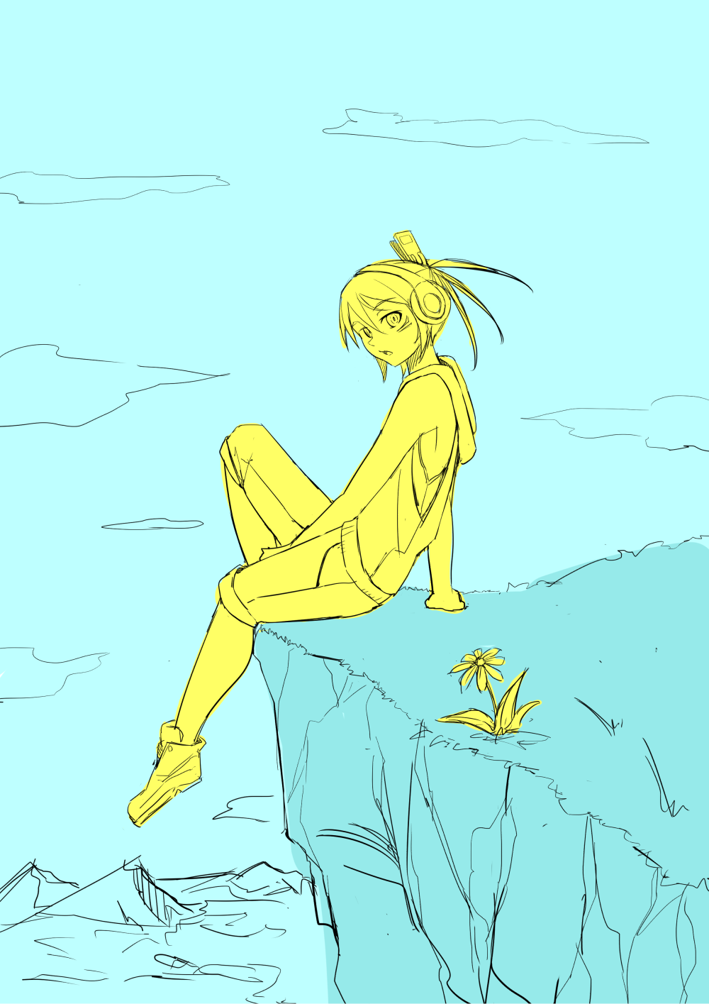 崖っぷちに座る少女と一輪の花